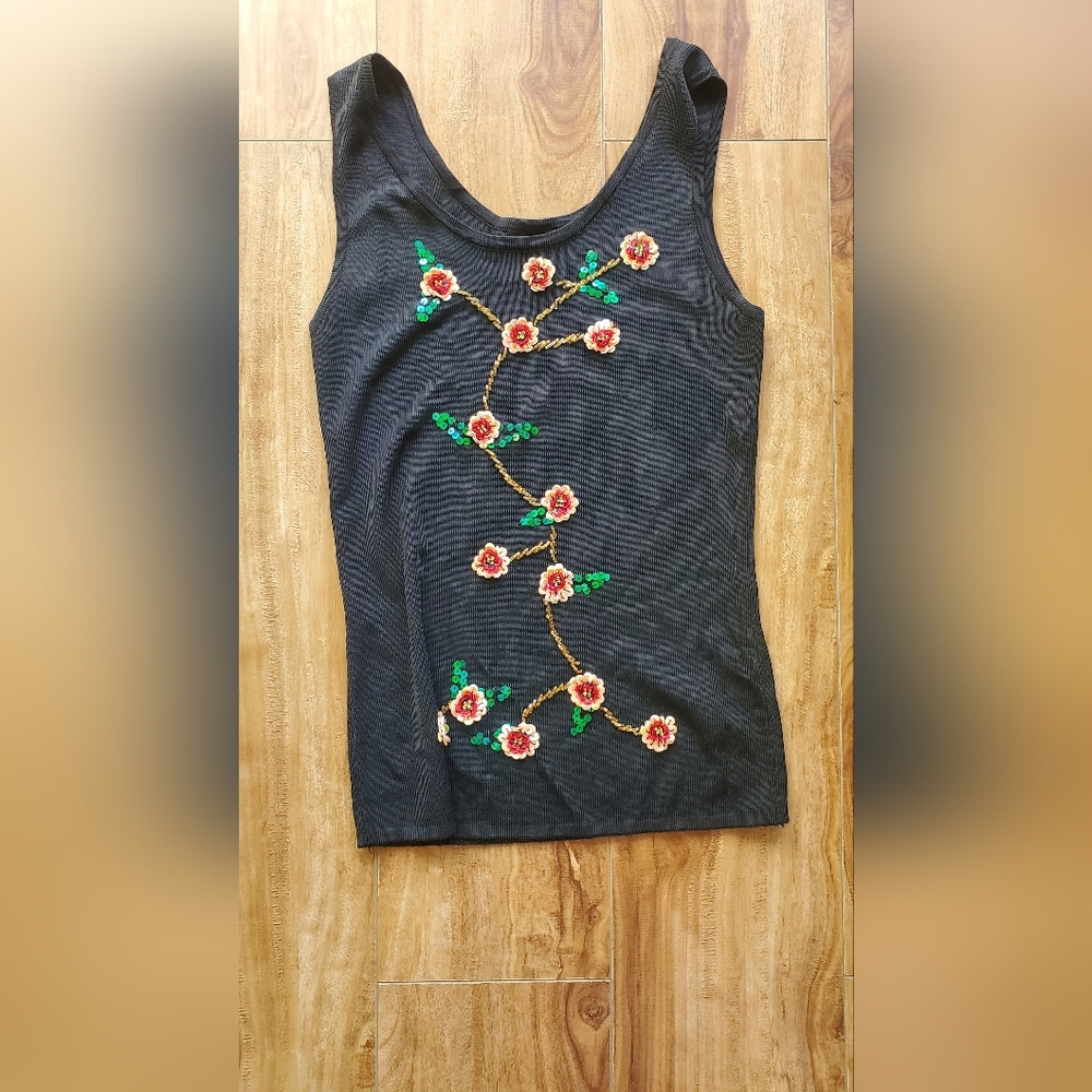 Floral Embroidered Black Tank Top